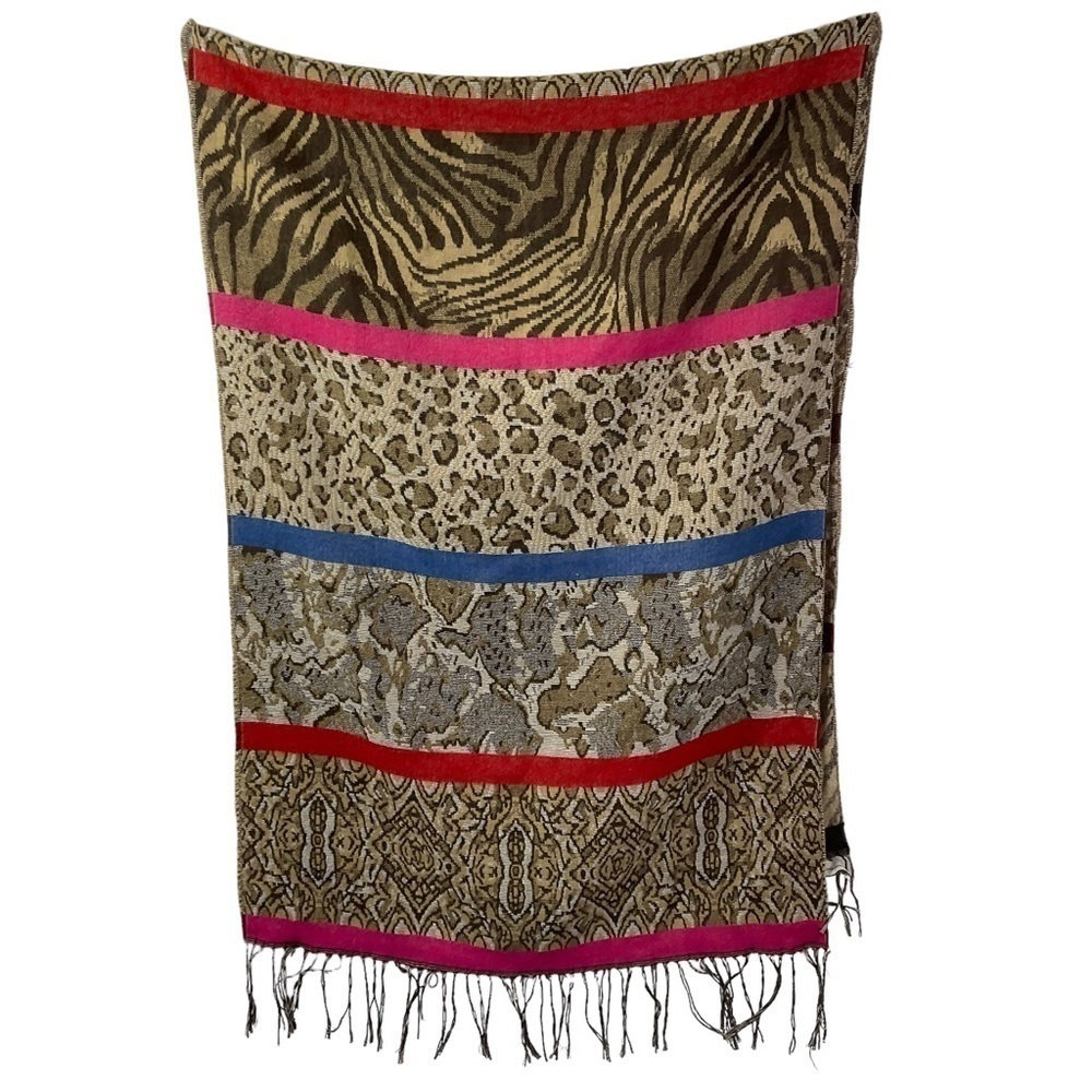 Nicole Marciano Wrap Scarf‎ Animal Print Leopard Tiger Striped Fringe Tan Black